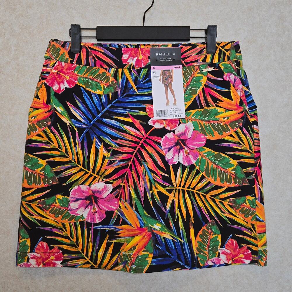 Rafaella Womens Small Tropical Floral Skort Black Coral Hibiscus NWT $59